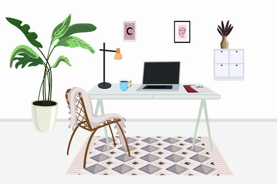 White minimalistic interior in Boho style. Computer desk with laptop, mug and notebooks, interior plant. Garden chair, paintings.