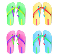Set with different colorful flip flops on white background, top view