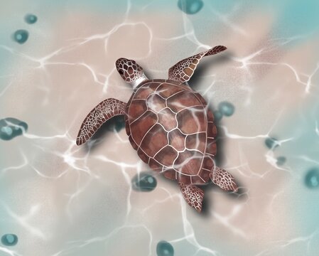 Big sea turtle watercolor painting. Illustration realistic 