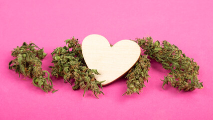 day valentine wooden heart and dry cannabis buds love symbol on pink background.