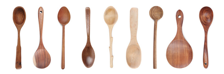 Wooden spoons on white background, collage. Cooking utensil