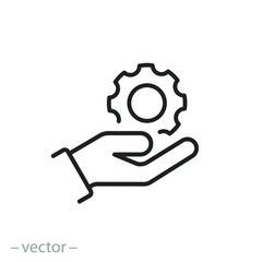 Fototapeta na wymiar gear in hand icon, industry development system, setting or install update, control service, thin line symbol on white background - editable stroke vector illustration