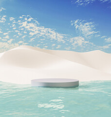 3d rendering metalic podium on blue ocean  with white sand dune and clear blue sky background. Sunscreen cream and moisturizer cream product concept.