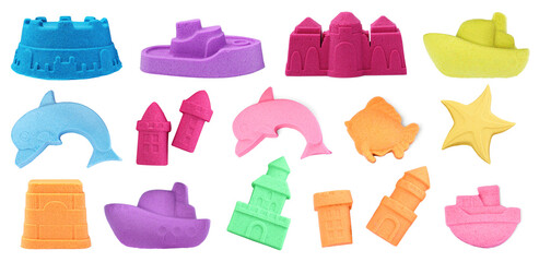 Set with different figures made of colorful kinetic sand on white background. Banner design