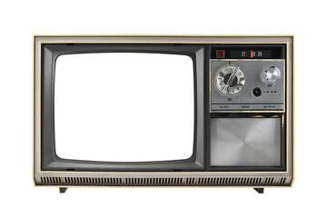 Old 1970s TV with white screen isolated on white background. Vintage TVs 1960s 1970s 1980s 1990s...