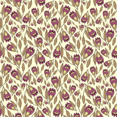 Seamless botanical yellow pattern with pink buds
