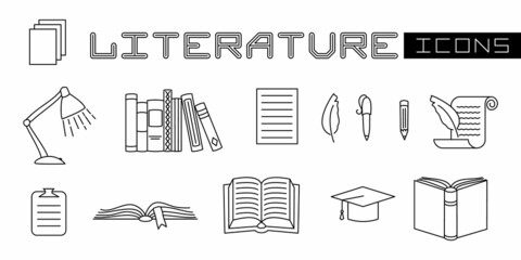 A set of linear isolated elements for literature. Book, pen, pecil, lamp, bookshelf. Vector illustration on the theme of Library, books, reading.