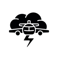 Bad weather with airplane glyph icon. Aviation. Vector fill black illustration.