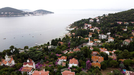 Aerial view with drone over Büyükada the Princes Island in the Sea of Marmara Turkey Istanbul...