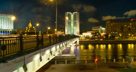 Moscow night road and bridges landscape with green and pink lights