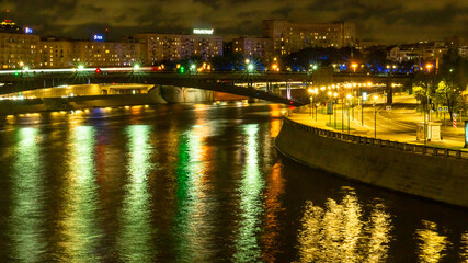 Moscow night road and bridges landscape with green and pink lights