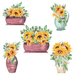 Autumn watercolor sunflower, eucalyptus and pumpkin illustration, perfect to use on the web or in print