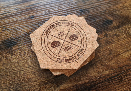Coaster Printed Logo Mockup on Wooden Surface