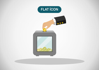 Man throws gold coin in a box for donations. Coin in hand. Donation box. Donate, giving money. Vector illustration, flat style design.