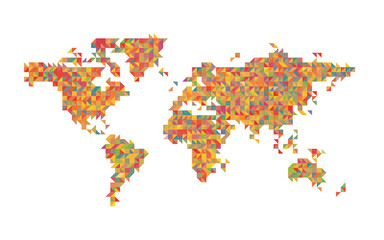 World map mosaic of small traingles. Colorful rainbow spectrum vector illustration.
