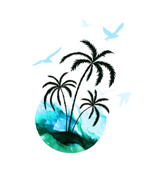 Logo sea, palm trees and seagulls. Vector illustration