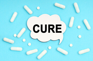 On a blue background pills and a plate. Inside the sign it says - CURE