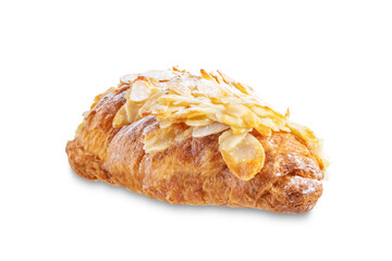 Croissant with almond nuts on a white isolated background