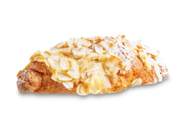 Croissant with almond nuts on a white isolated background