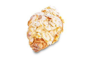 Croissant with almond nuts on a white isolated background