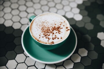coffee shop, latte, espresso, tile floor, cup, saucer, mug, milk, cortado, hot chocolate,...