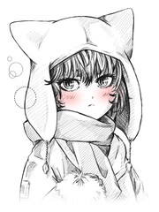 Shy cute anime boy, cat hoodie