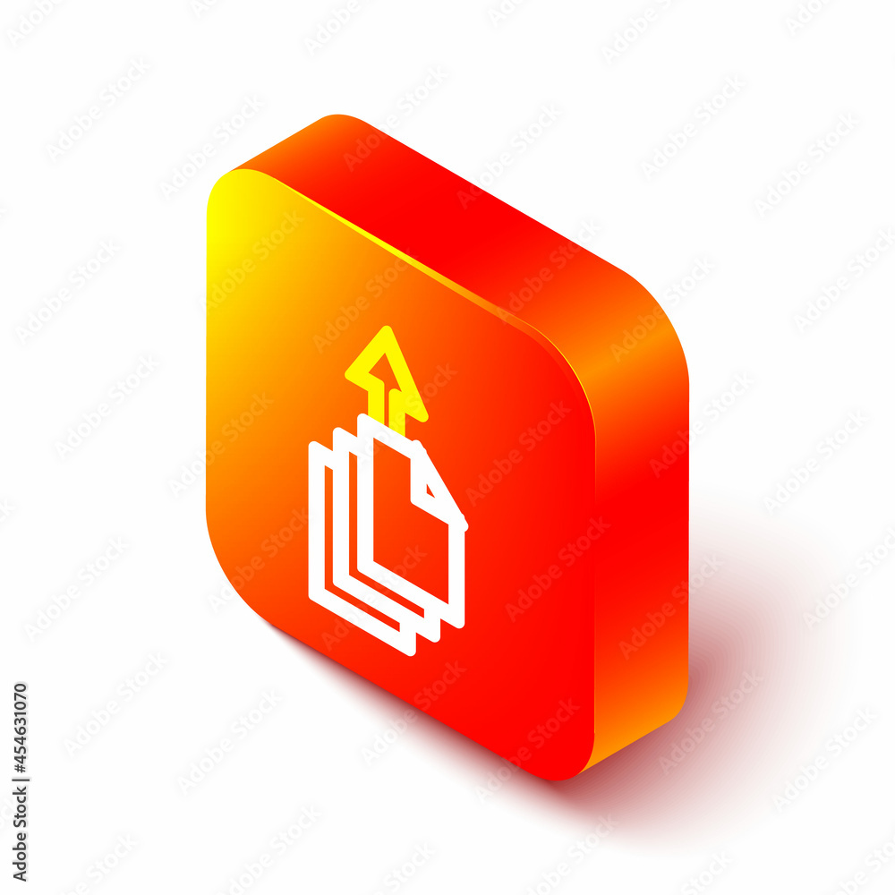 Poster isometric line data export icon isolated on white background. orange square button. vector