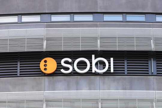 Solna, Swedan - September 2, 2021: Close-up view of the biopharmaceutical company Sobi (Swedish Orphan Biovitrum AB) logo on the head office building.