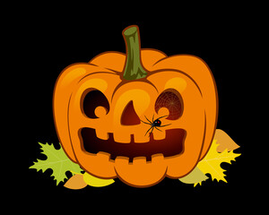 Pumpkin with spider, cobwebs and leaves on a black background. The main symbol of the holiday is Halloween. Orange pumpkin with a scary smile for your Halloween design. Vector illustration.
