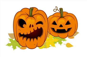 Orange pumpkin and autumn leaves for your design for the holiday Halloween. scary face and funny Halloween pumpkin face isolated on white background. Vector design.