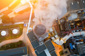 Industrial area of Wroclaw - smoke comes out of the chimneys of the power plant. View from the top,...