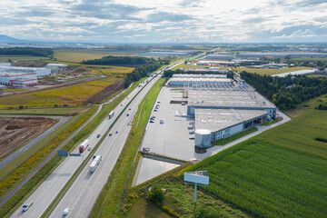 Aerial view of a warehouse or industrial plant or logistics center from above. View from above