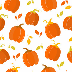 Seamless pattern with fall autumn leaves and pumpkin on white background. Vector illustration