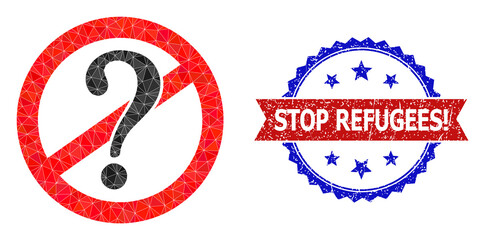 Lowpoly stop questions polygonal icon illustration, and grunge bicolor rosette seal stamp, in red and blue colors. Mosaic stop questions is formed with chaotic color triangles.