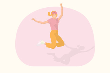 Young happy woman relaxing at home jump high with outstretched hands concept