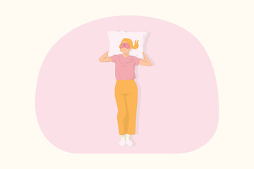 Young sleeping woman relaxing at home put her hand under the pillow concept
