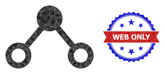 Lowpoly links polygonal 2d illustration, and grunge bicolor rosette stamp, in red and blue colors. Collage links designed from scattered filled triangles. Rosette stamp uses red and blue colors.