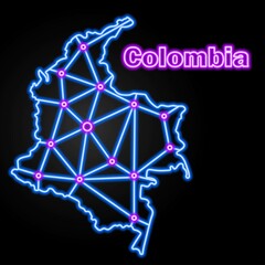 Fototapeta na wymiar Colombia neon map, isolated vector illustration.