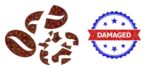 Lowpoly coffee bean crush polygonal symbol illustration, and grunge bicolor rosette stamp, in red and blue colors. Mosaic coffee bean crush composed of randomized filled triangles.