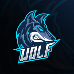 blue angry wolf head mascot esport logo design. side view wolf head logo design