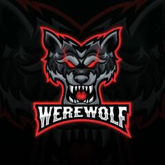 black and red angry wolf head mascot esport logo. front view wolf head logo design