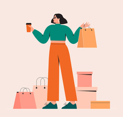 Woman going shopping. Young fashionable girl holding bags, coffee. Big sale, discount, fashion, shopaholic concept. Beautiful lady buying clothing, presents. Isolated trendy flat vector illustration