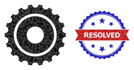 Low-poly gearwheel polygonal icon illustration, and grunge bicolor rosette stamp imprint, in red and blue colors. Mosaic gearwheel created with scattered colored triangles.