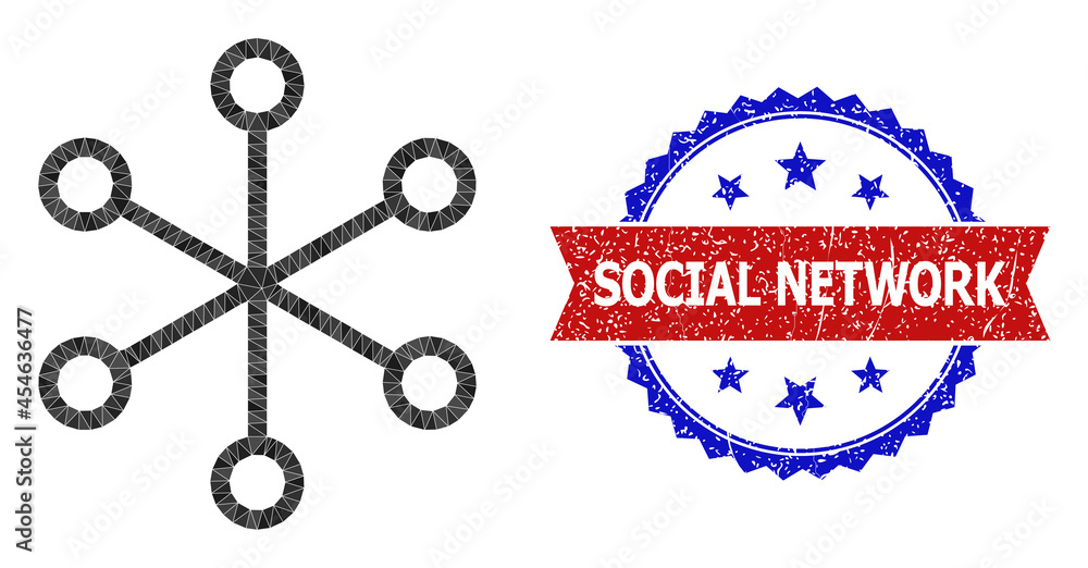 Poster low-poly net links polygonal 2d illustration, and grunge bicolor rosette seal stamp, in red and blue