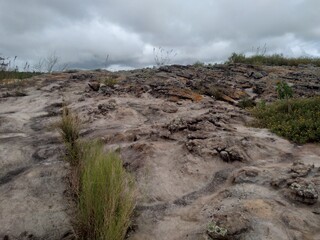 Paisagem formada por afloramento rochoso de Arenito na Caatinga, Bahia, Nordeste do Brasil