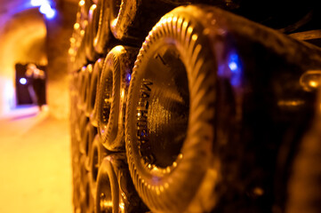 Mathusalem champagne bottles in deep and long undergrounds caves for making champagne sparkling...