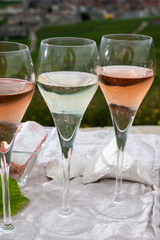 Glasses of white and rose brut champagne wine and examples of vineyard soils, white chalk stones and firestones and view on grand cru vineyards of  Montagne de Reims near Verzenay, Champagne, France
