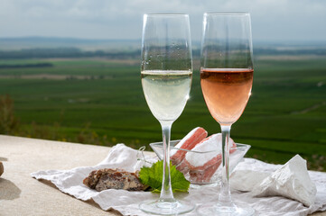Glasses of white and rose brut champagne wine and examples of vineyard soils, white chalk stones and firestones and view on grand cru vineyards of  Montagne de Reims near Verzenay, Champagne, France