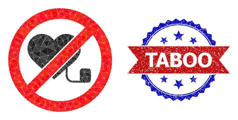 Low-poly forbidden pacemaker polygonal symbol illustration, and grunge bicolor rosette seal, in red and blue colors. Mosaic forbidden pacemaker is composed of random color triangles.