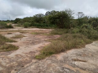 Paisagem formada por afloramento rochoso de Arenito na Caatinga, Bahia, Nordeste do Brasil
